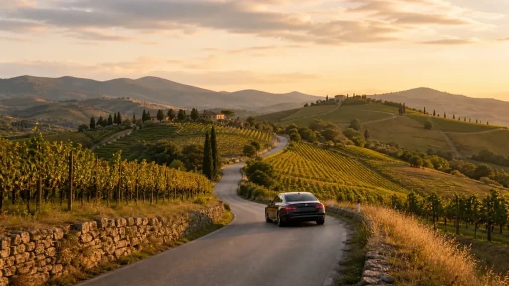 "Auto con autista lungo una strada tra colline e vigneti per un itinerario su misura in Italia"