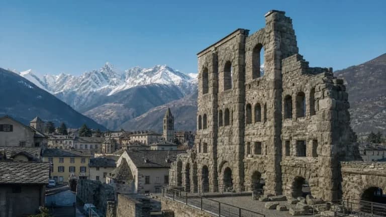 "Il teatro romano di Aosta con le vette alpine innevate sullo sfondo"