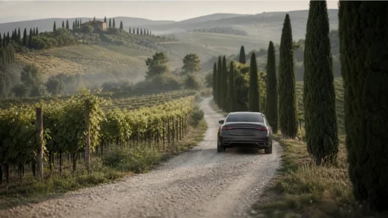 "Auto con autista privato su una strada bianca tra i vigneti del Chianti al mattino"