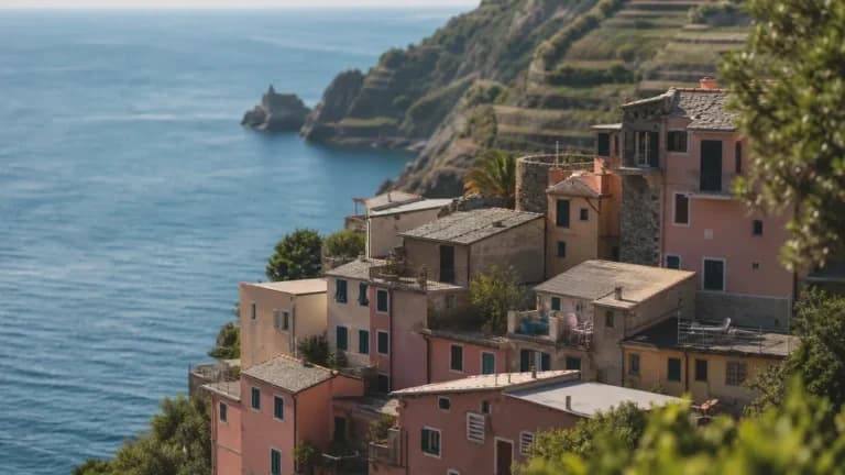 "Borgo delle Cinque Terre con case colorate a picco sul mare ligure al mattino"
