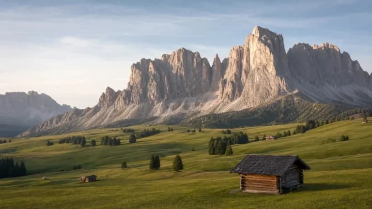 "Le pareti del Sassolungo sui prati dell'Alpe di Siusi al mattino"