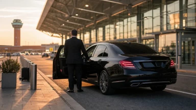 "Auto Mercedes Benz nera con autista davanti agli arrivi dell'aeroporto di Bologna"