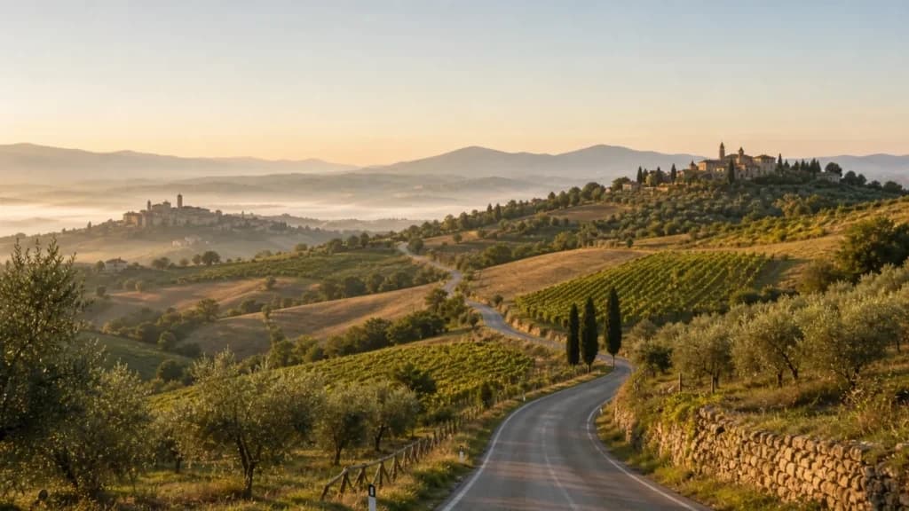 "Strada panoramica tra le citta italiane per organizzare con calma un viaggio in Italia con autista"