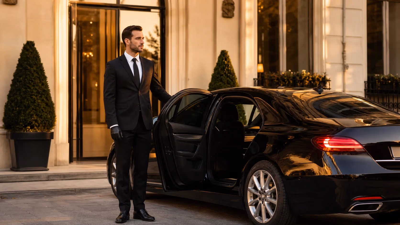 "Autista privato italiano accoglie un ospite accanto a una berlina executive in una via italiana"