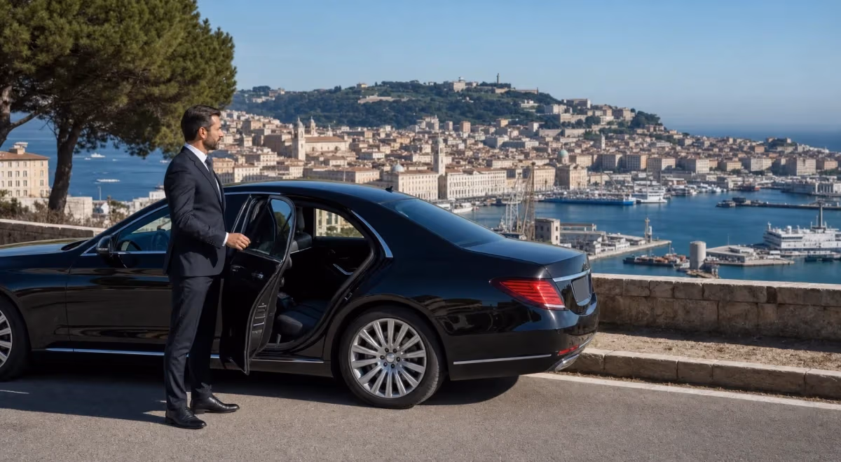 "Auto con autista lungo la strada panoramica del Conero sul mare"
