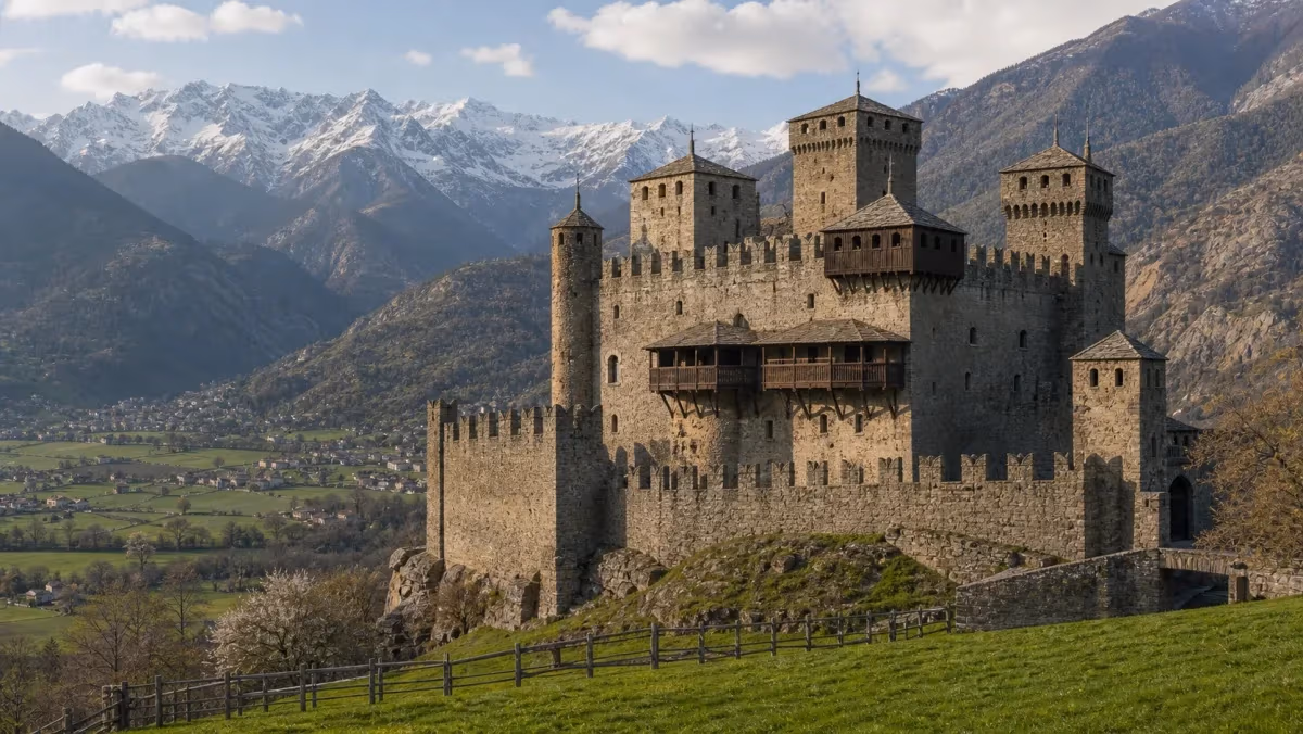 "Il castello di Fénis con le torri merlate e le montagne sullo sfondo"