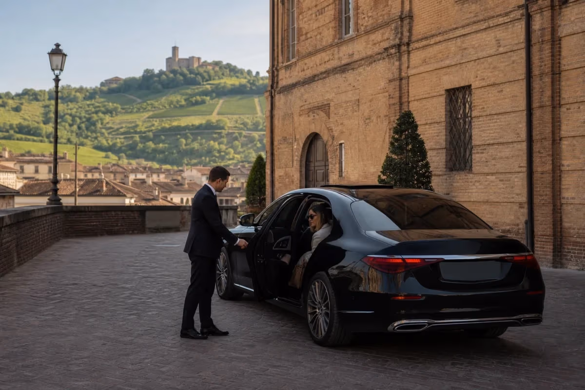 "Auto con autista lungo una strada di crinale tra i vigneti del Monferrato"