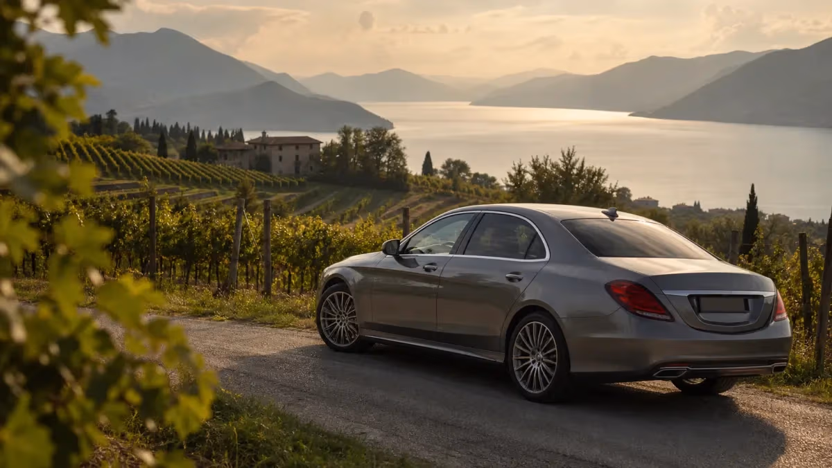 "Auto con autista tra i vigneti della Franciacorta verso il Lago d'Iseo"