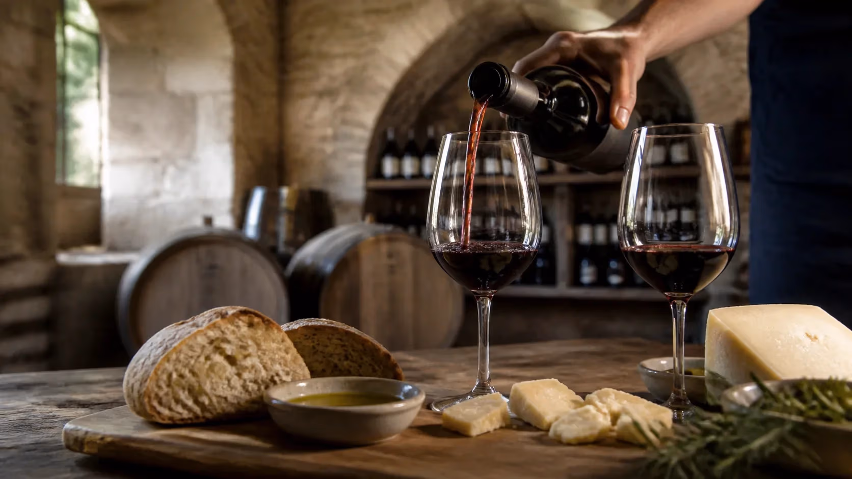 "Degustazione di Chianti Classico con pane, olio e pecorino in una cantina di pietra"
