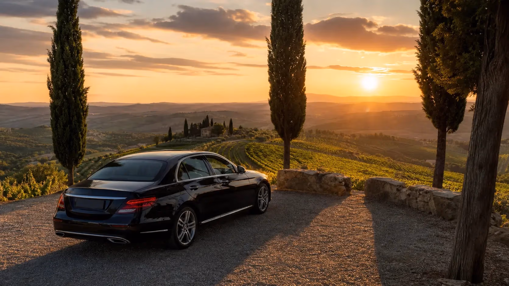 "Auto con autista in sosta panoramica sulle colline del Chianti al tramonto"