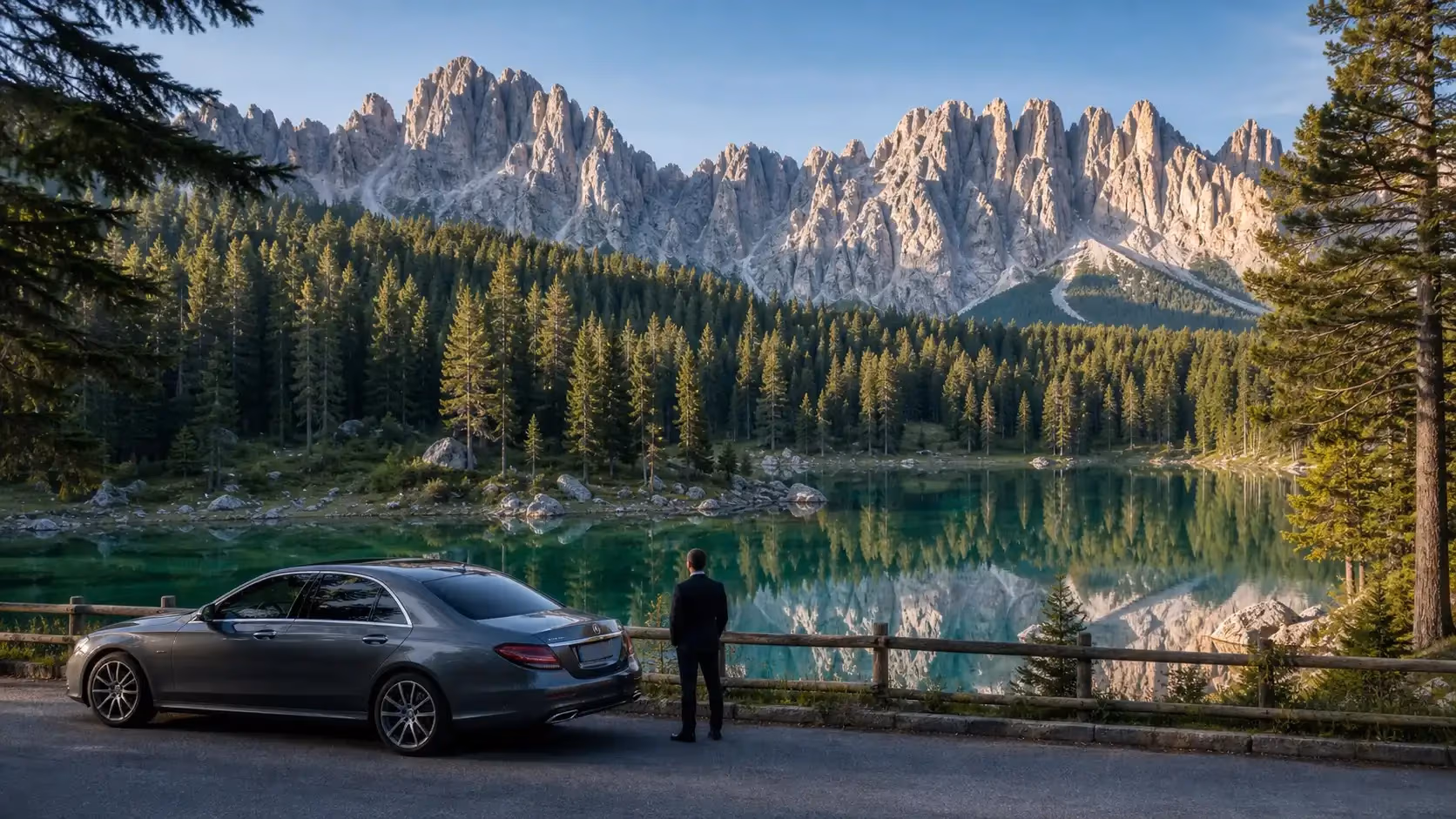 "Auto con autista al lago di Carezza con il Latemar che si specchia nell'acqua"
