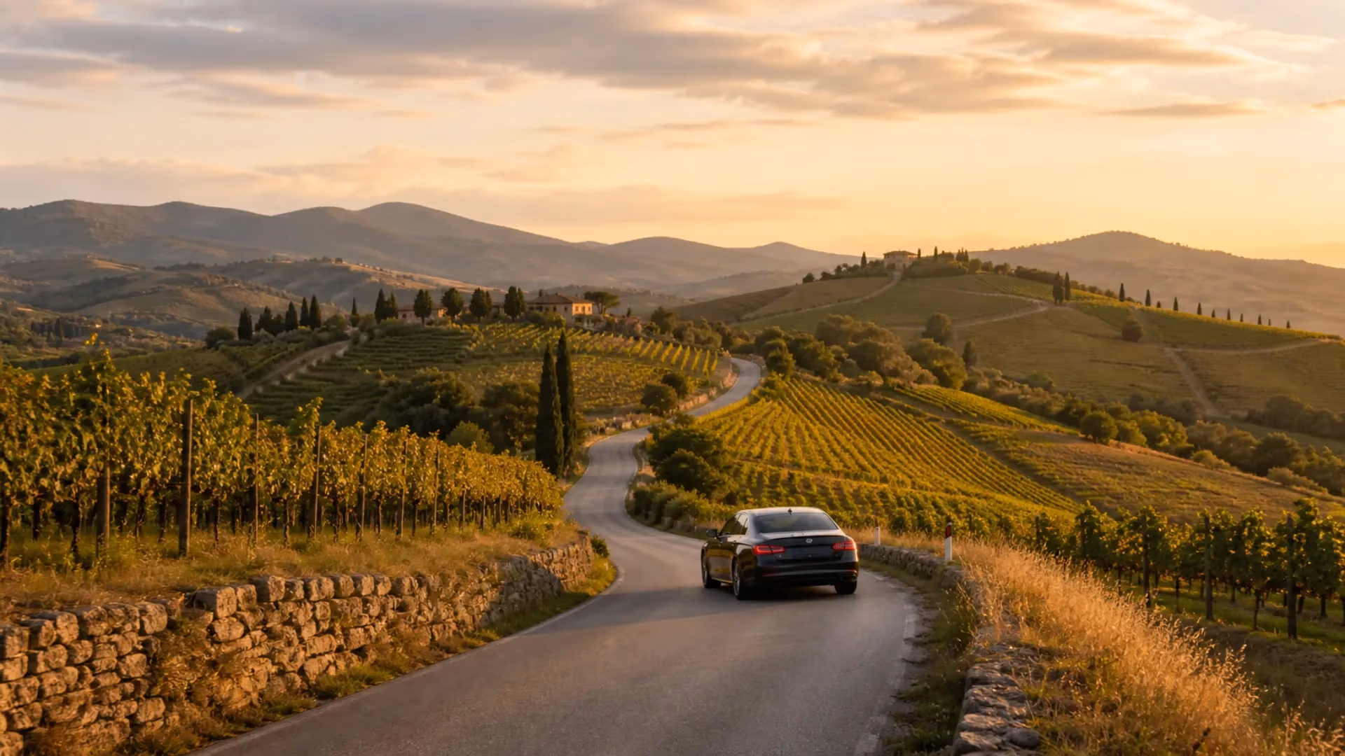 "Auto con autista lungo una strada tra colline e vigneti per un itinerario su misura in Italia"