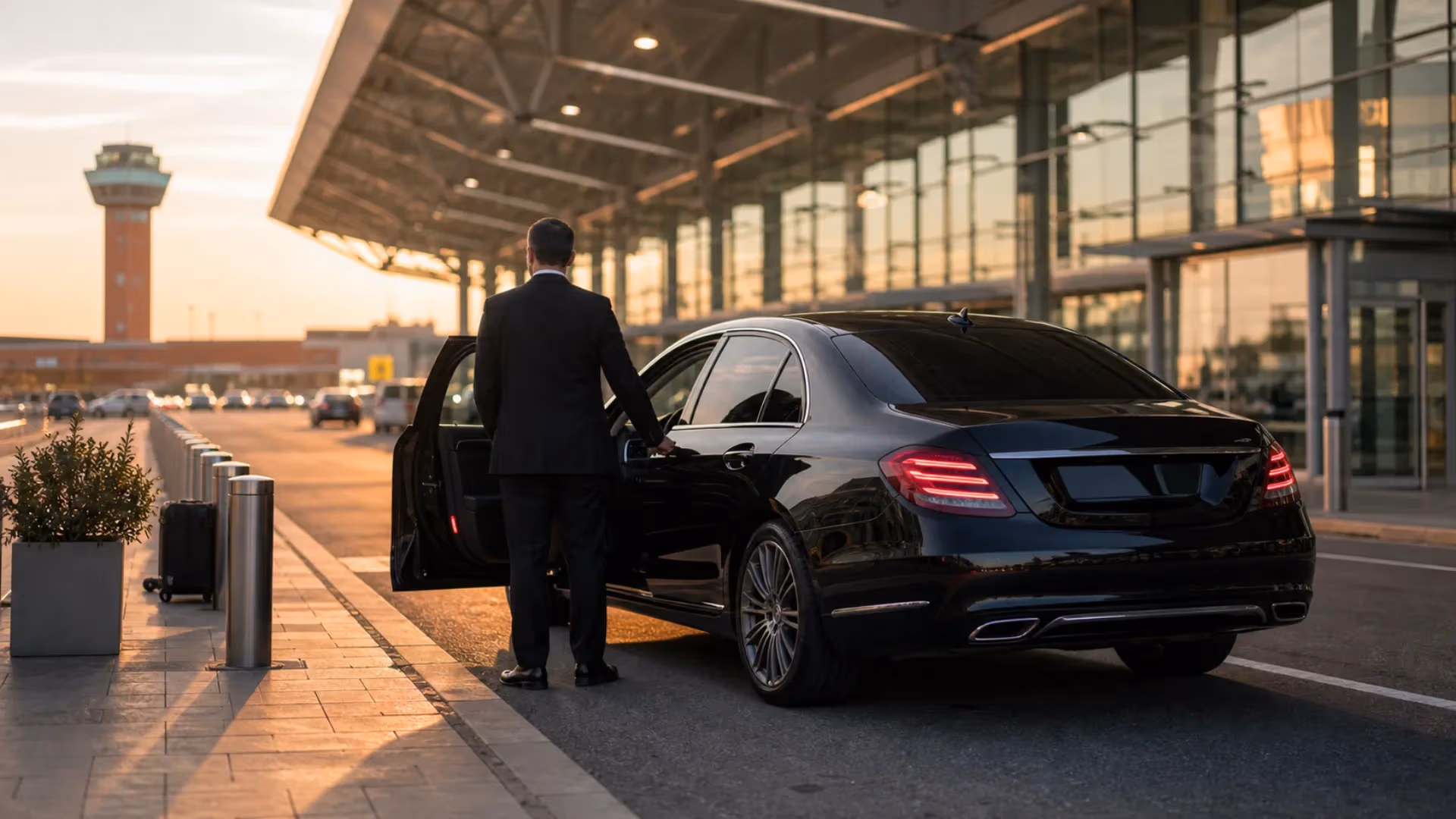 "Auto Mercedes Benz nera con autista davanti agli arrivi dell'aeroporto di Bologna"