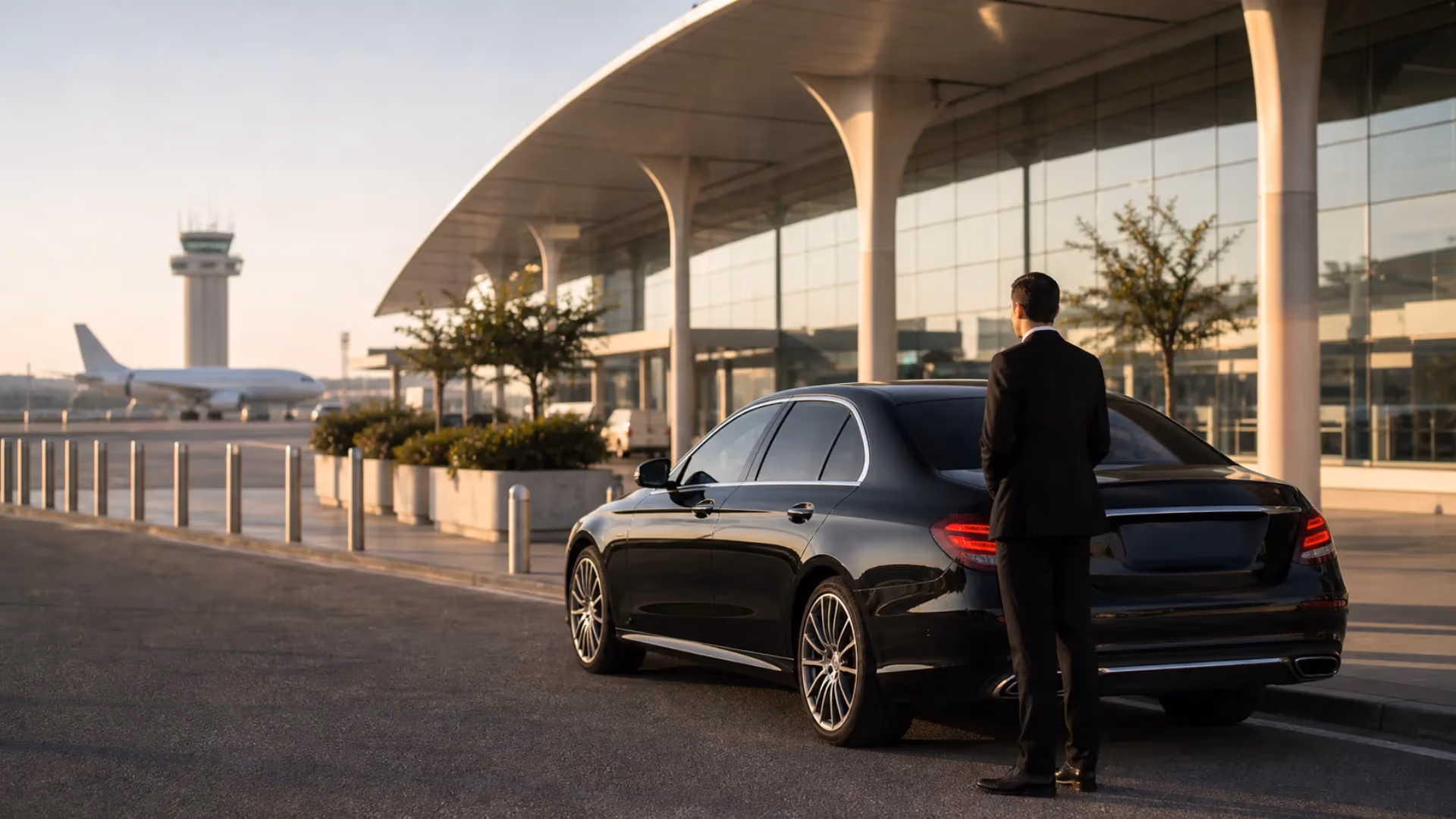 "Auto Mercedes Benz nera con autista davanti al terminal arrivi dell'aeroporto di Pisa"