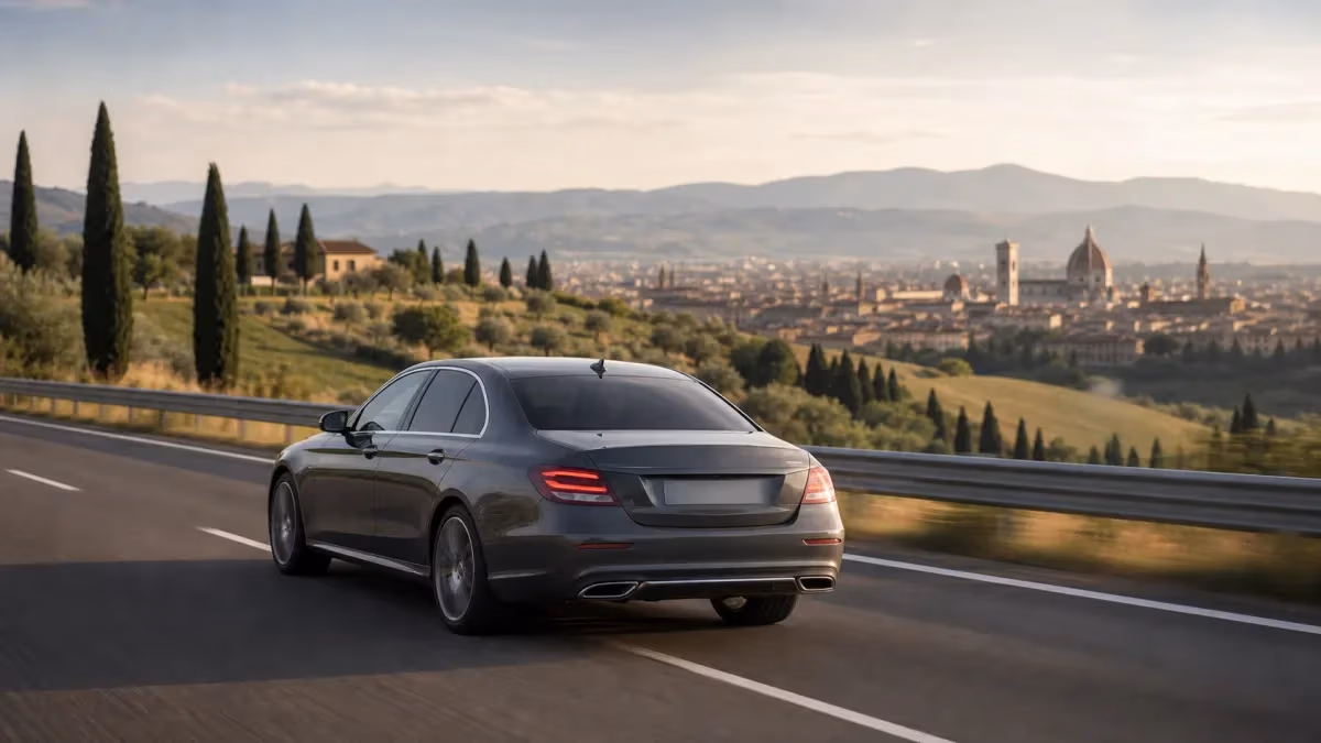 "Auto con autista sulla superstrada tra le colline toscane verso Firenze"