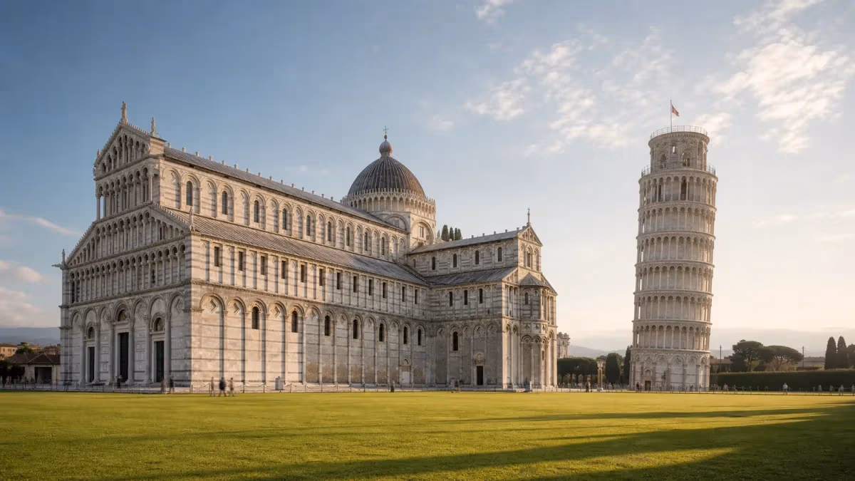 "La Torre pendente di Pisa e il Duomo in piazza dei Miracoli al mattino presto"