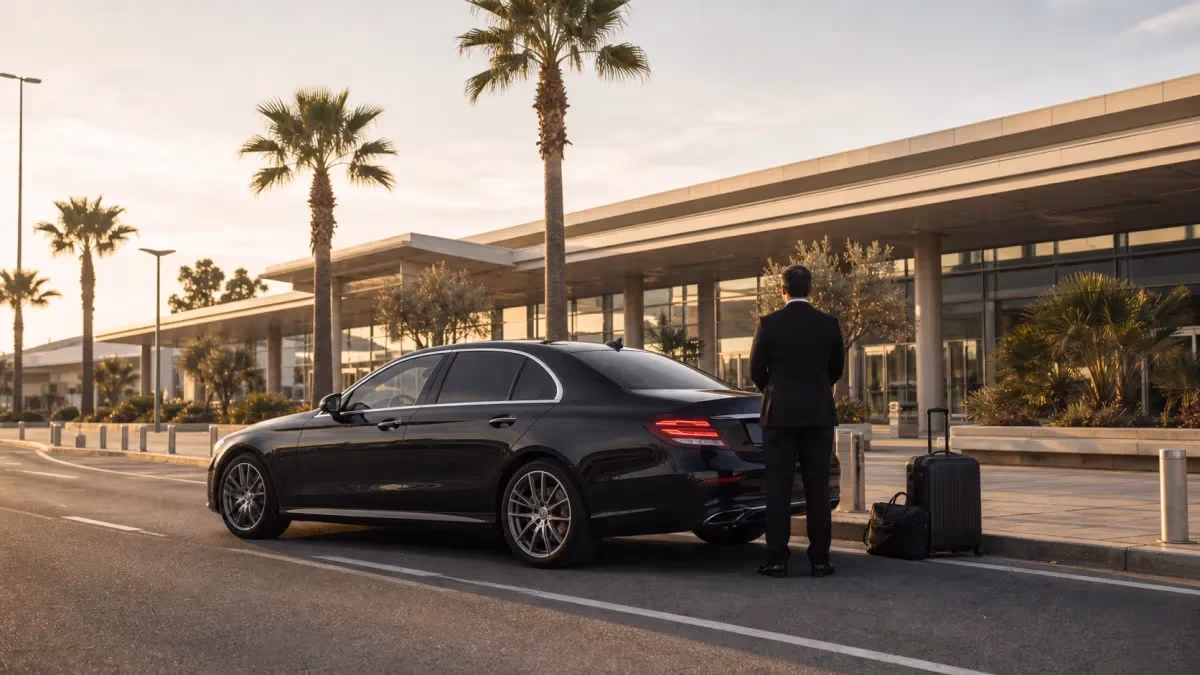 "Auto Mercedes nera con autista davanti all'aeroporto di Alghero per un transfer privato"