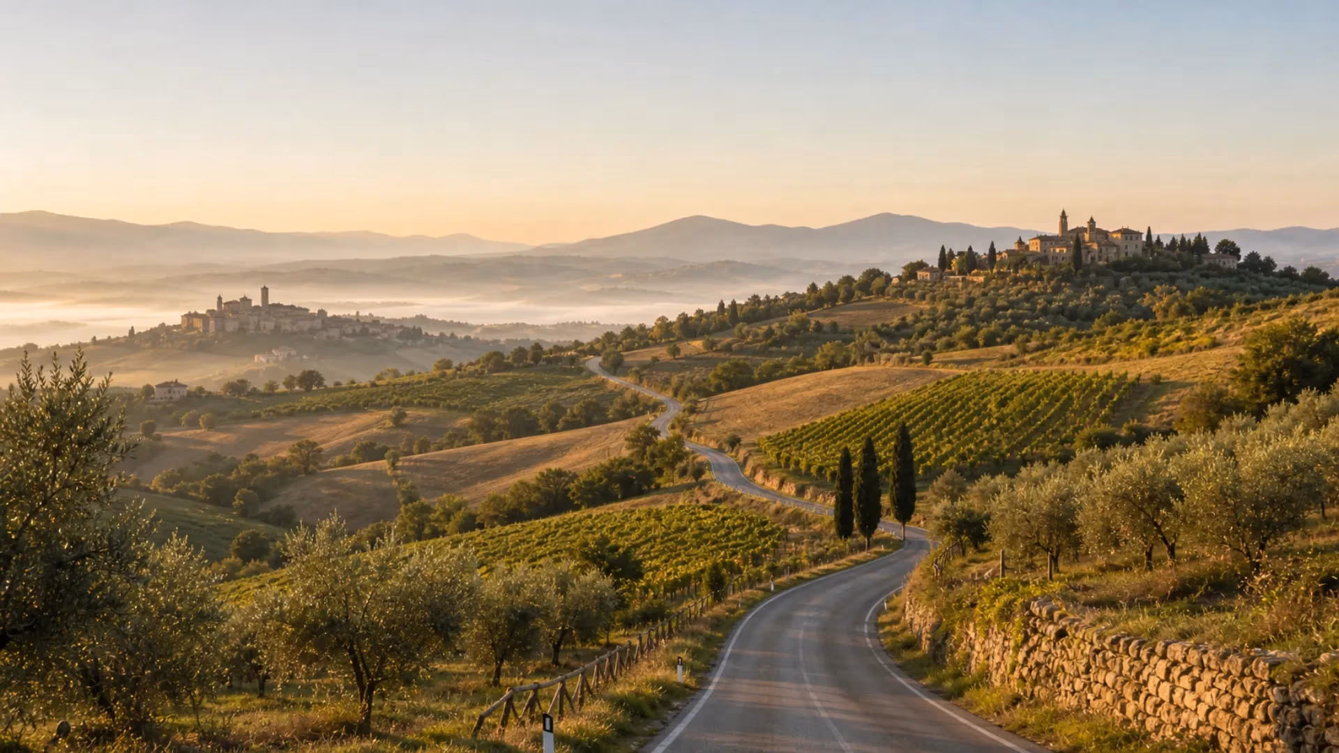 "Strada panoramica tra le citta italiane per organizzare con calma un viaggio in Italia con autista"