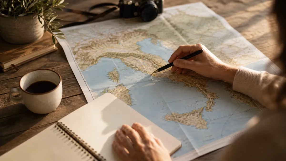 "Pianificazione su mappa delle tappe di un viaggio in Italia che scorre senza fretta con autista privato"